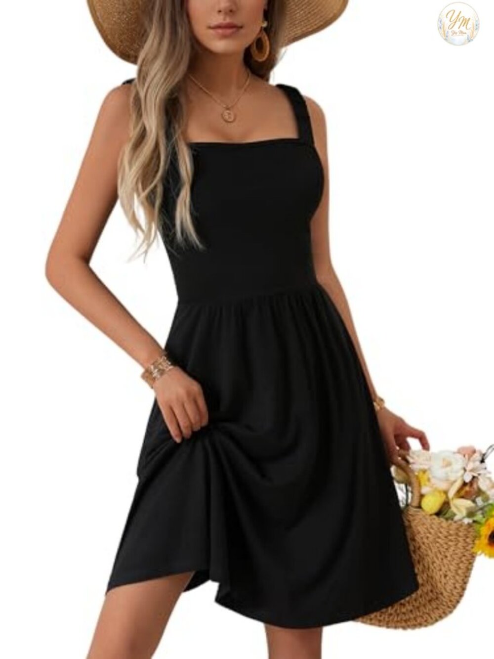 Sleeveless Square Neck A-Line Midi Dress with Pockets